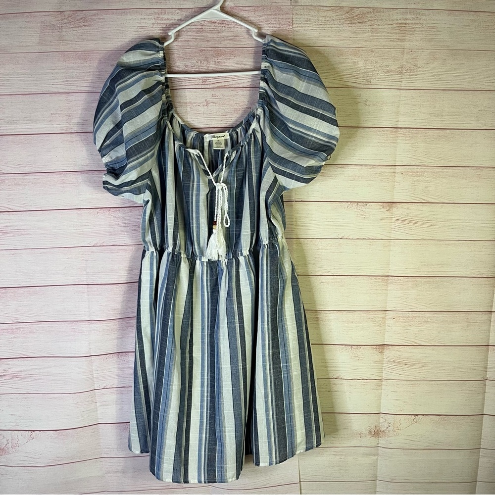 Passport Tassle Blue and White Striped Puff Sleeves Dress Size 2X‎